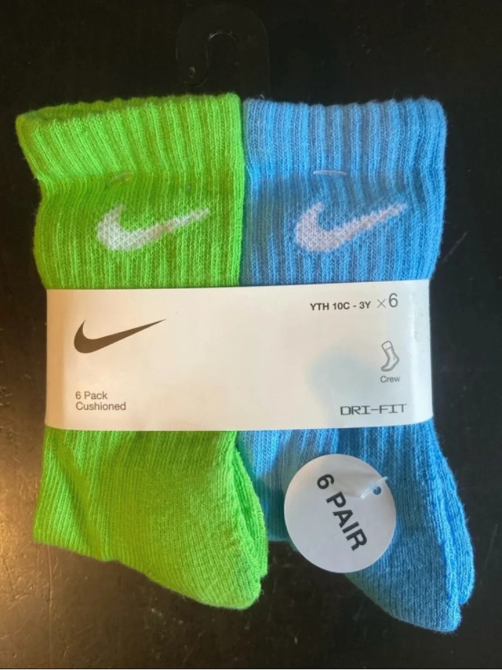 Nike 6-Pack boys Crew Socks Green, Lime, Teal, Blue, Black & White size 10C-3Y